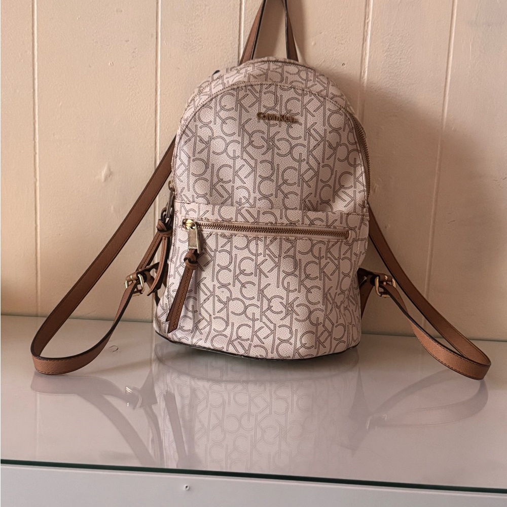 Calvin Klein Beige Logo Mini Backpack with Tan Accents